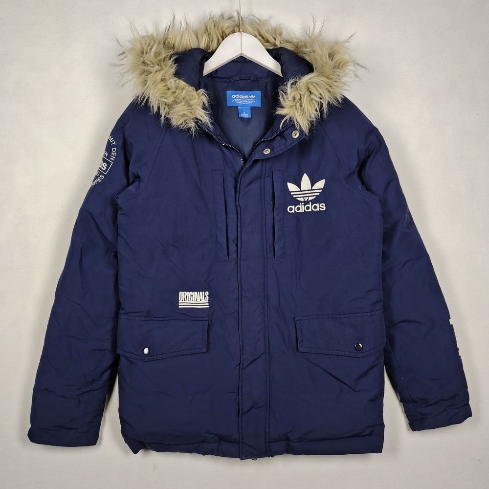 Adidas Originals Hooded Down Parka Faux Fur Trim Navy Blue Coat S 1317